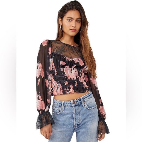 Free People Daphne Blouse in Black Pink Floral Lace Long Sleeve Top Size Small - Picture 2 of 13